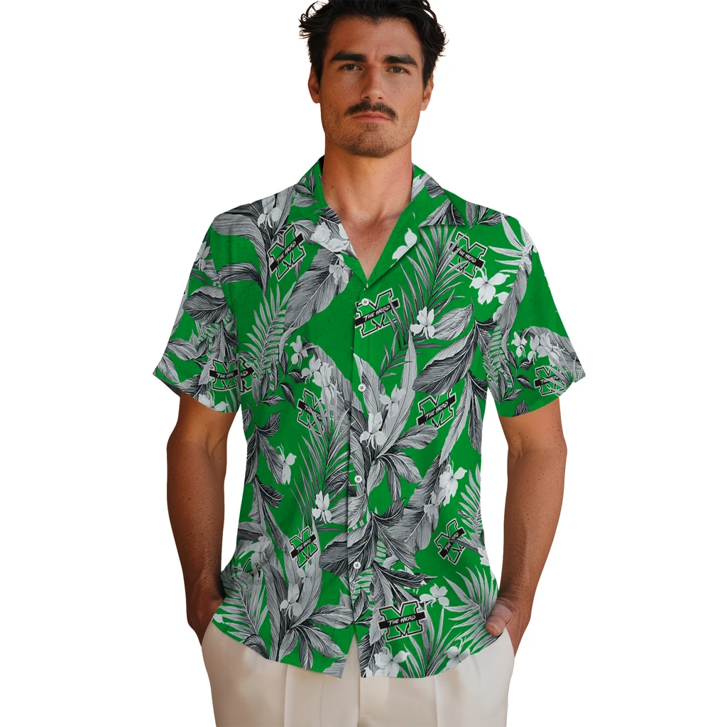Marshall Thundering Herd Hawaiian Shirt - Palm Leaves marshall thundering herd palm leaves green hawaiian shirts fashion forward