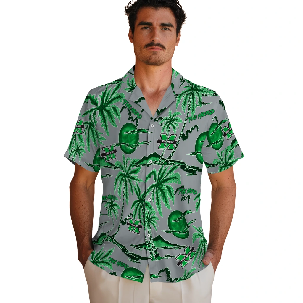 Marshall Thundering Herd Hawaiian Shirt - Palm Sunset marshall thundering herd palm sunset hawaiian shirts fashion forward