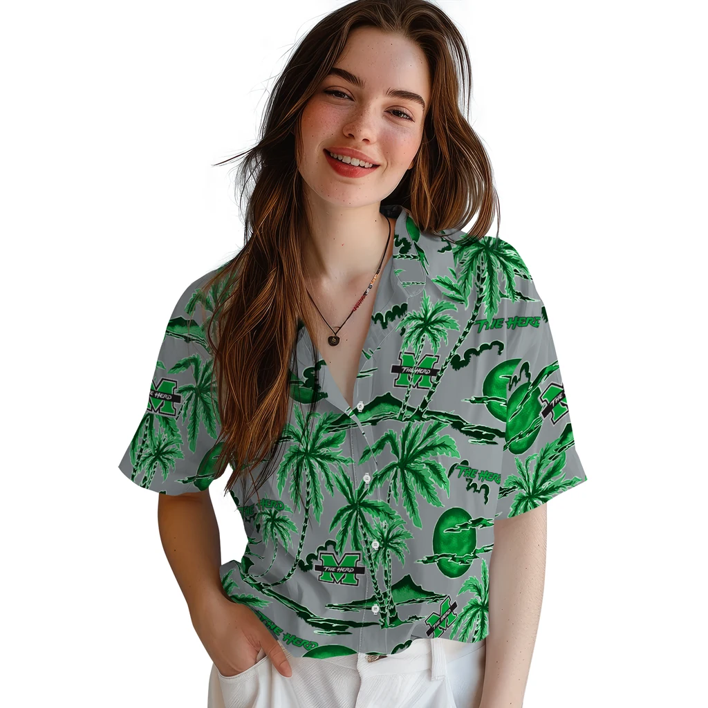 Marshall Thundering Herd Hawaiian Shirt - Palm Sunset marshall thundering herd palm sunset hawaiian shirts latest model