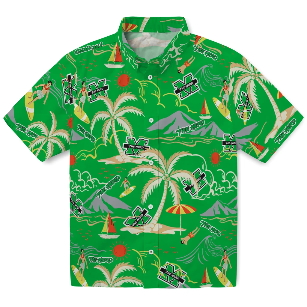 Marshall Thundering Herd Hawaiian Shirt - Palm Tree Island marshall thundering herd palm tree island green hawaiian shirts best selling