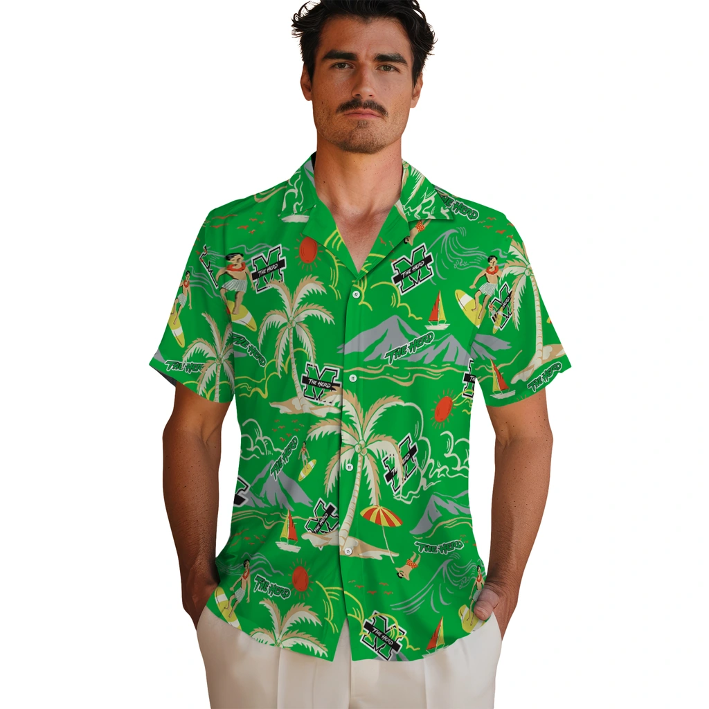 Marshall Thundering Herd Hawaiian Shirt - Palm Tree Island marshall thundering herd palm tree island green hawaiian shirts fashion forward