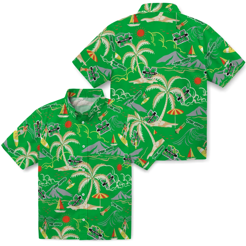 Marshall Thundering Herd Hawaiian Shirt - Palm Tree Island marshall thundering herd palm tree island green hawaiian shirts high quality