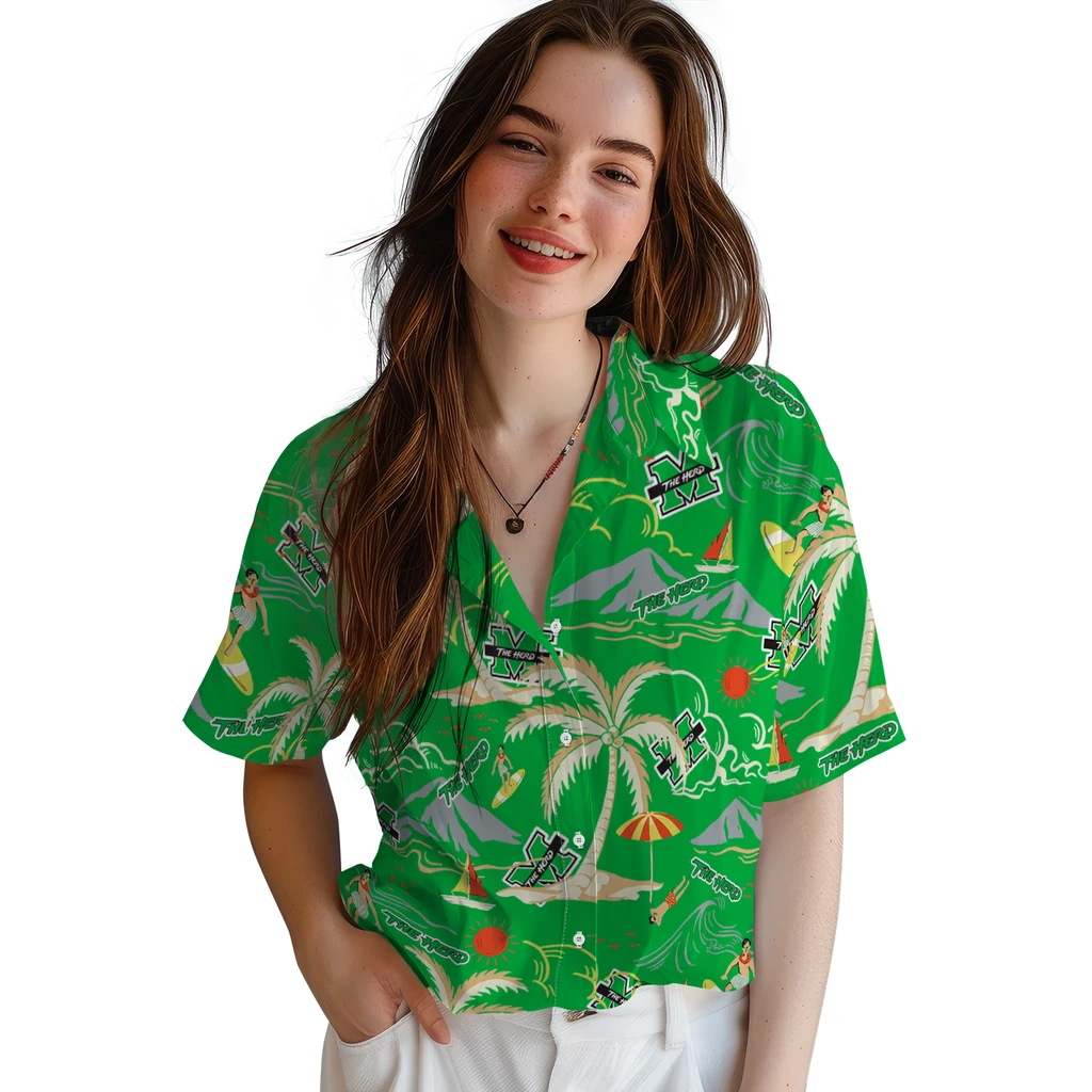 Marshall Thundering Herd Hawaiian Shirt - Palm Tree Island marshall thundering herd palm tree island green hawaiian shirts latest model