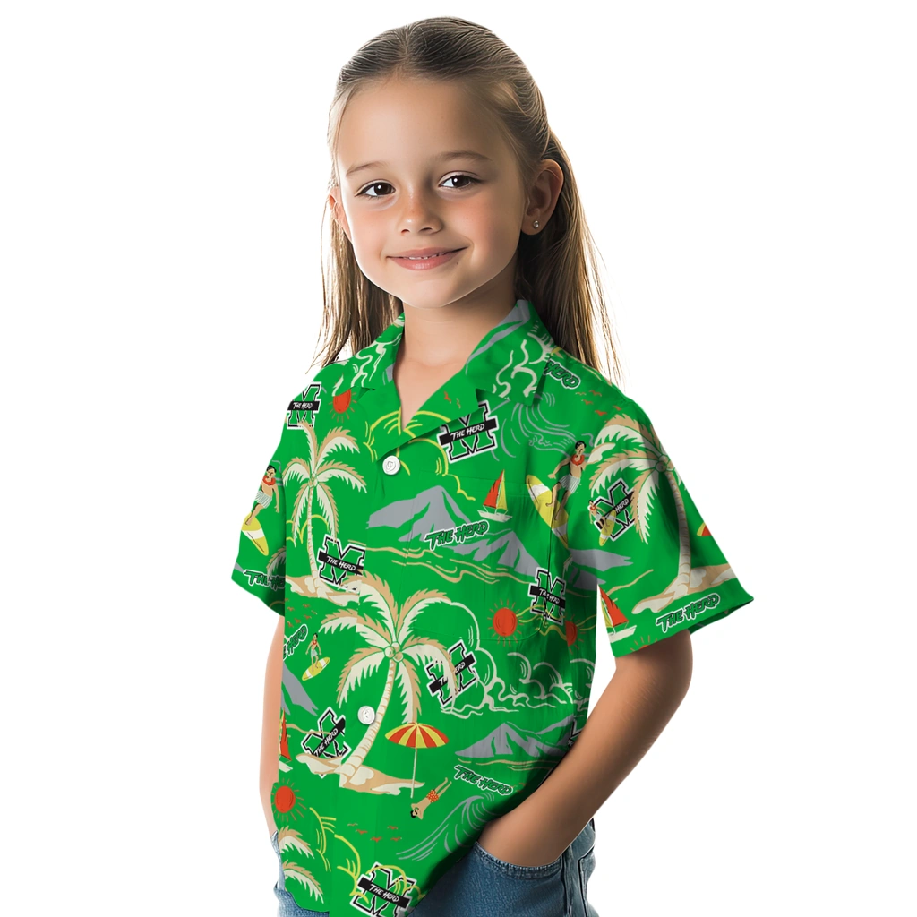 Marshall Thundering Herd Hawaiian Shirt - Palm Tree Island marshall thundering herd palm tree island green hawaiian shirts premium grade