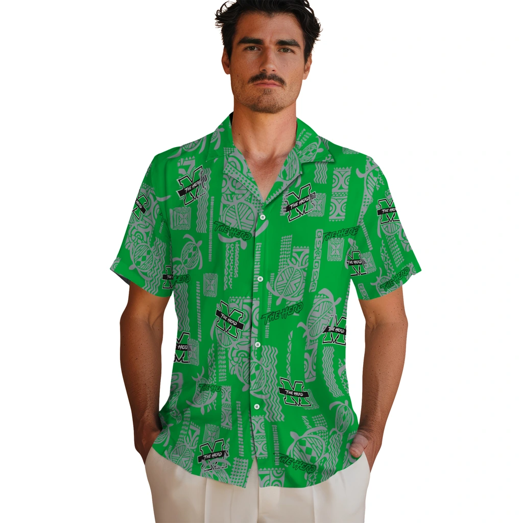 Marshall Thundering Herd Hawaiian Shirt - Turtle Lines marshall thundering herd turtle lines green hawaiian shirts fashion forward