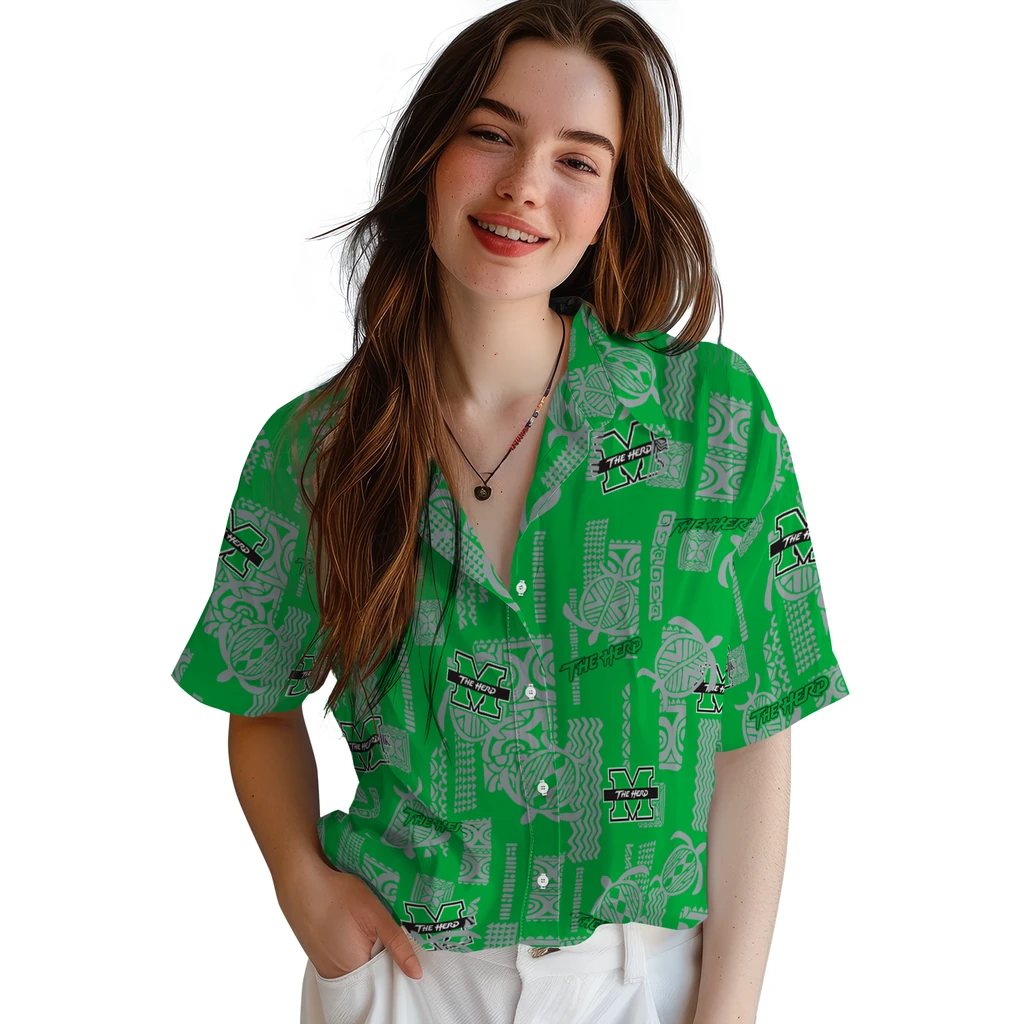 Marshall Thundering Herd Hawaiian Shirt - Turtle Lines marshall thundering herd turtle lines green hawaiian shirts latest model