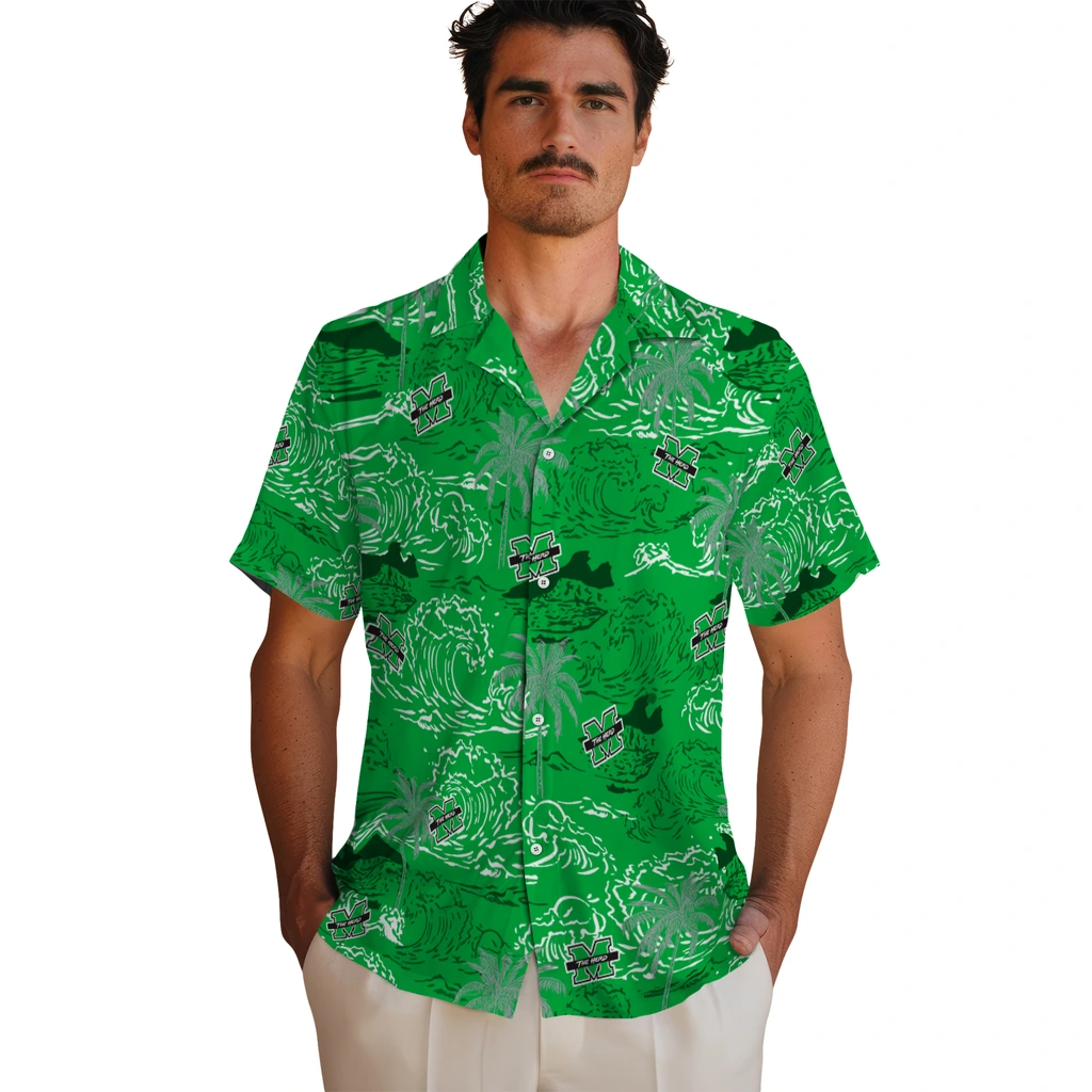 Marshall Thundering Herd Hawaiian Shirt - Wave Palm marshall thundering herd wave palm green hawaiian shirts fashion forward