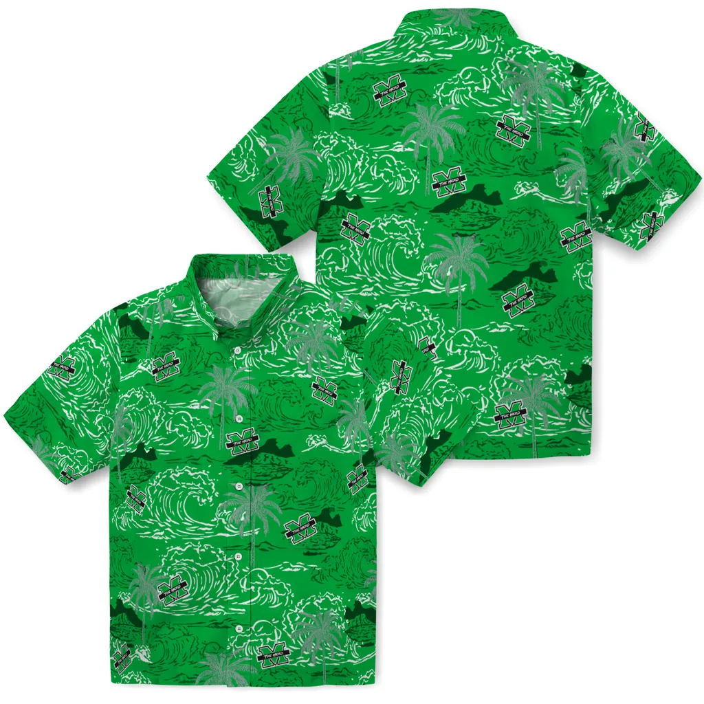 Marshall Thundering Herd Hawaiian Shirt - Wave Palm marshall thundering herd wave palm green hawaiian shirts high quality