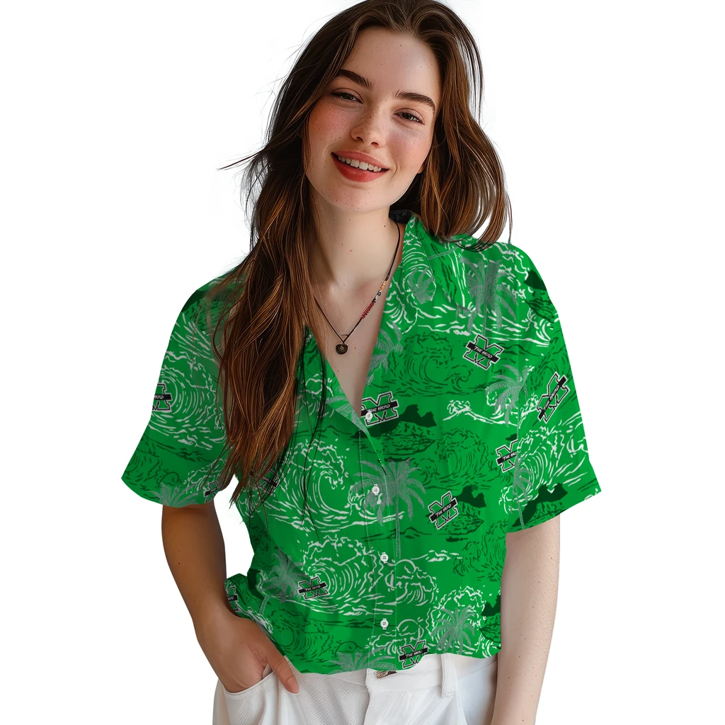 Marshall Thundering Herd Hawaiian Shirt - Wave Palm marshall thundering herd wave palm green hawaiian shirts latest model