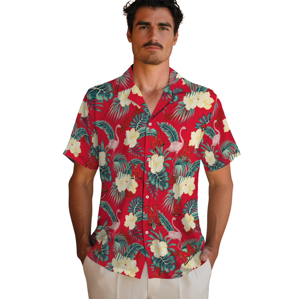 Maryland Terrapins Hawaiian Shirt - Flamingo and Hibiscus maryland terrapins flamingo palms red hawaiian shirts fashion forward