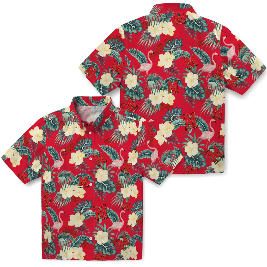 Maryland Terrapins Hawaiian Shirt - Flamingo and Hibiscus maryland terrapins flamingo palms red hawaiian shirts high quality