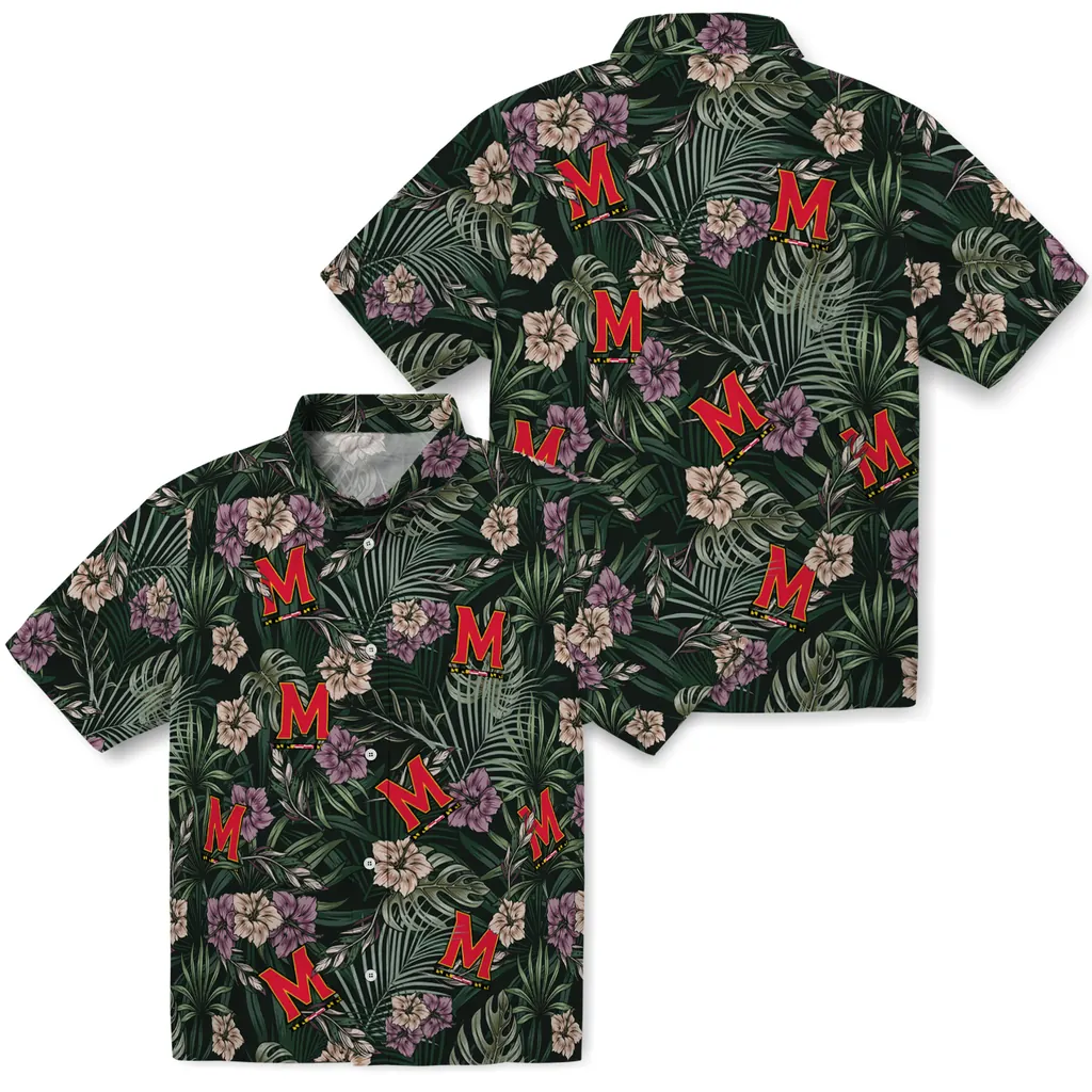 Maryland Terrapins Hawaiian Shirt - Hibiscus Leaves Pattern maryland terrapins hibiscus leaves pattern green hawaiian shirts high quality