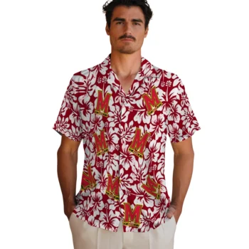 maryland terrapins hibiscus motif red white hawaiian shirts fashion forward