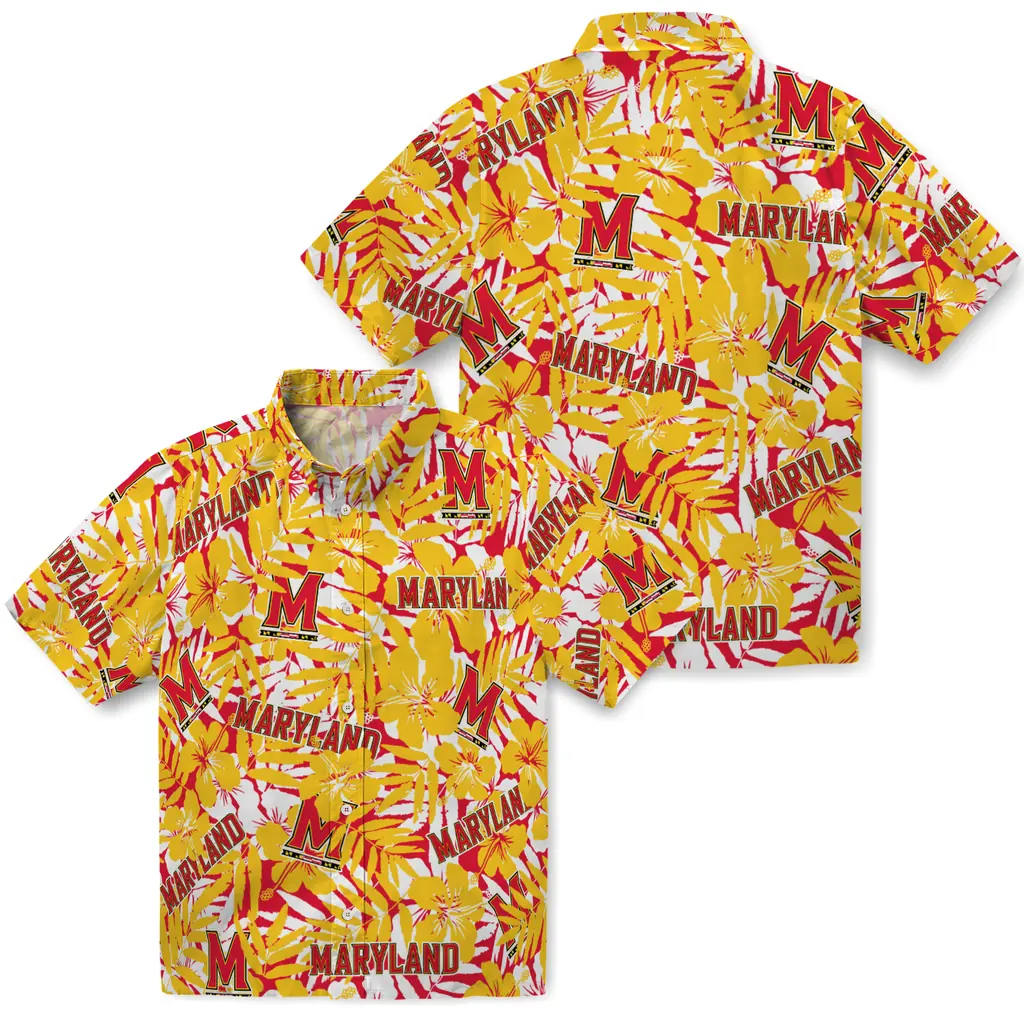 Maryland Terrapins Hawaiian Shirt - Hibiscus Overlay maryland terrapins hibiscus overlay hawaiian shirts high quality