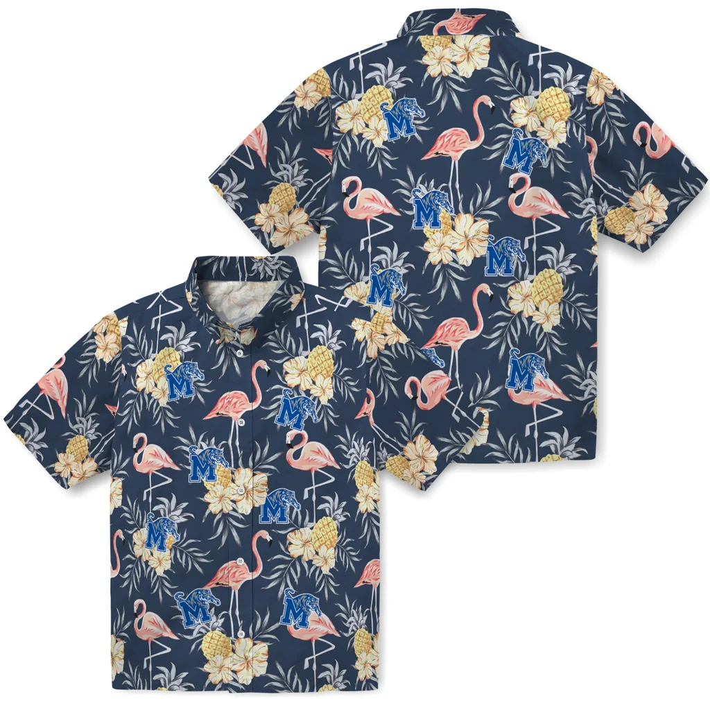 Memphis Tigers Hawaiian Shirt - Flamingo Hibiscus memphis tigers flamingo hibiscus navy hawaiian shirts high quality