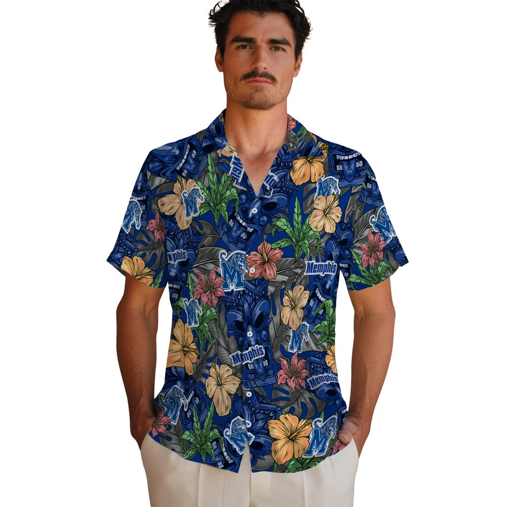 Memphis Tigers Hawaiian Shirt - Hibiscus Tiki Jungle memphis tigers tiki jungle blue hawaiian shirts fashion forward