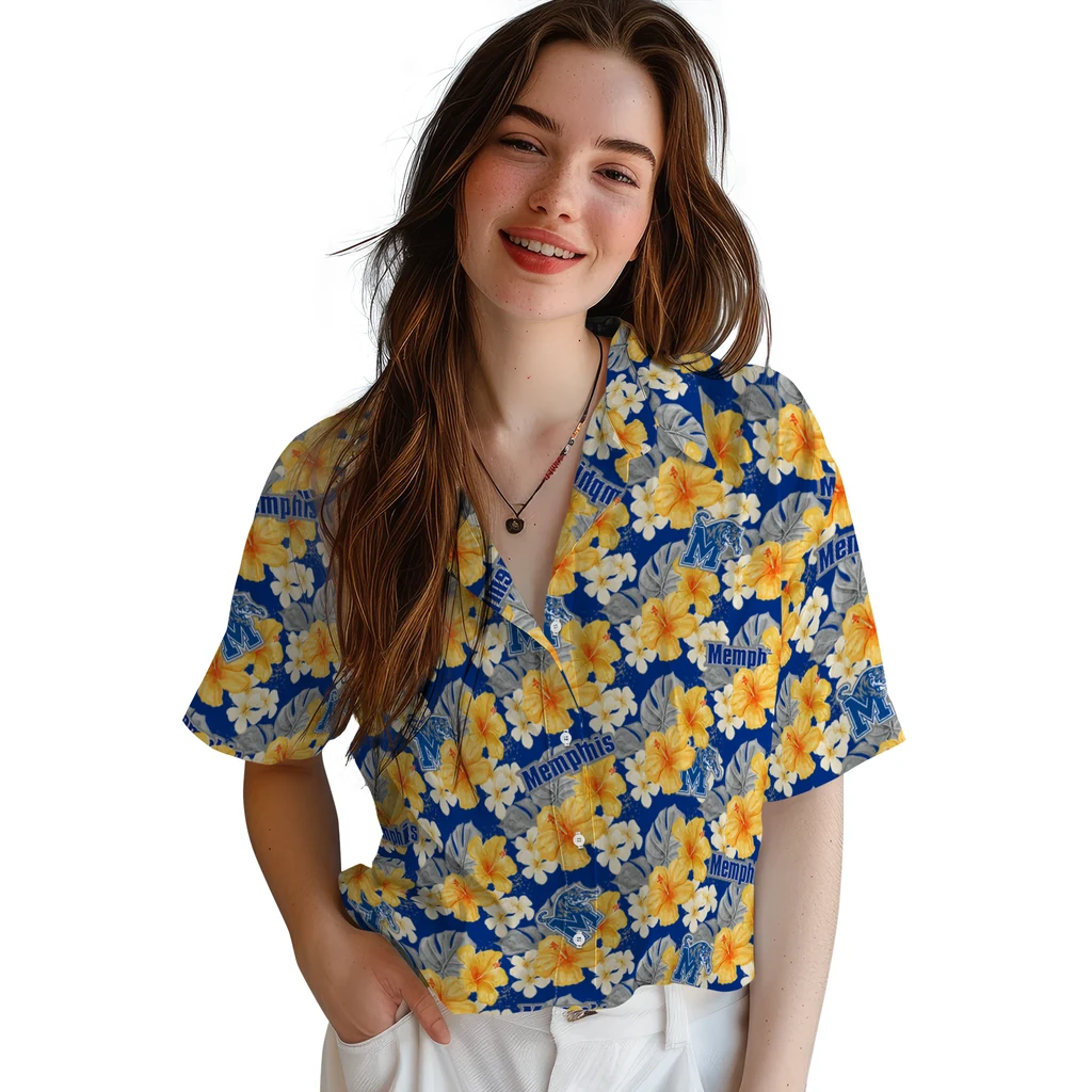Memphis Tigers Hawaiian Shirt - Hibiscus Tropics memphis tigers hibiscus tropics blue yellow hawaiian shirts latest model