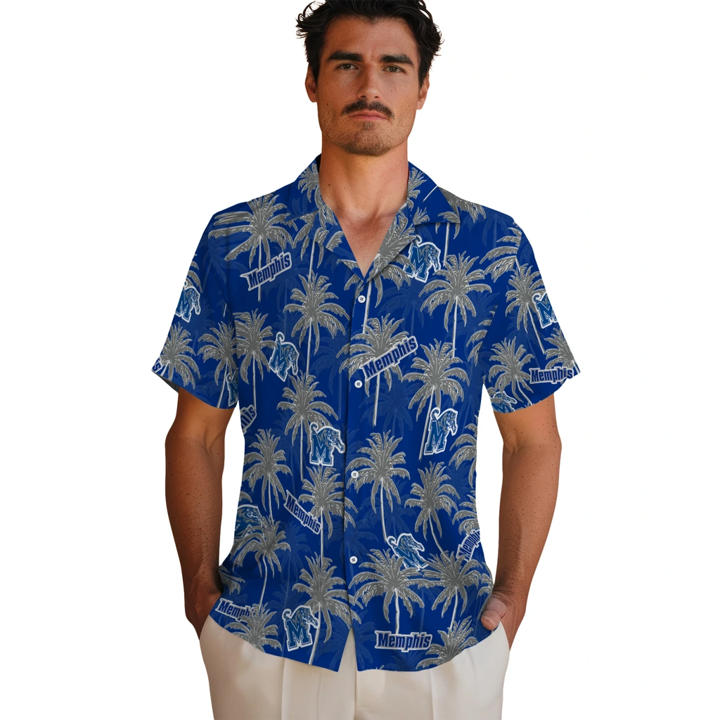 Memphis Tigers Hawaiian Shirt - Palm Tree Motif memphis tigers palm grove blue hawaiian shirts fashion forward