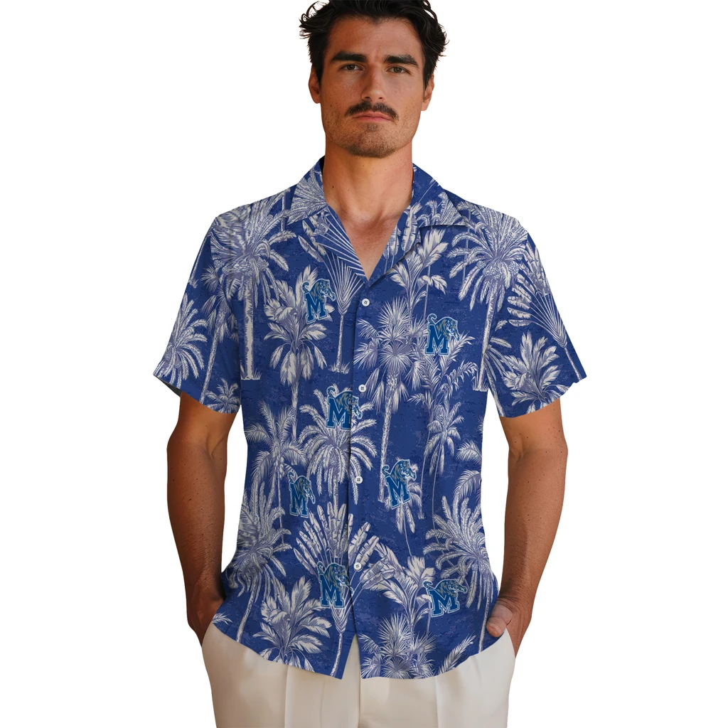 Memphis Tigers Hawaiian Shirt - Vintage Palm Tree memphis tigers palm shadows blue hawaiian shirts fashion forward