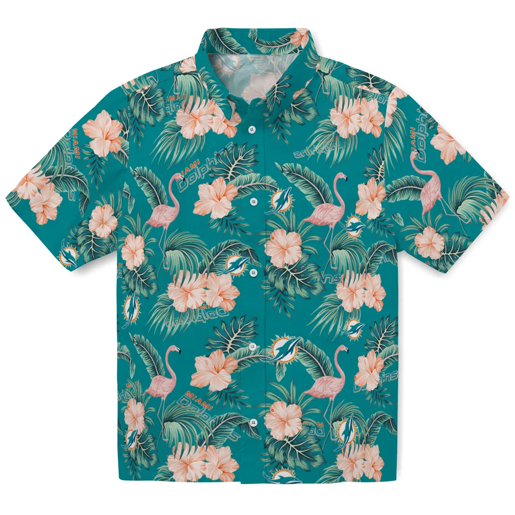 Miami Dolphins Hawaiian Shirt - Flamingo and Hibiscus miami dolphins flamingo palms aqua hawaiian shirts best selling
