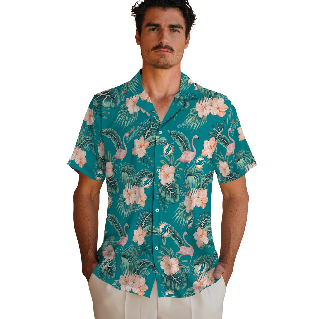 Miami Dolphins Hawaiian Shirt - Flamingo and Hibiscus miami dolphins flamingo palms aqua hawaiian shirts fashion forward