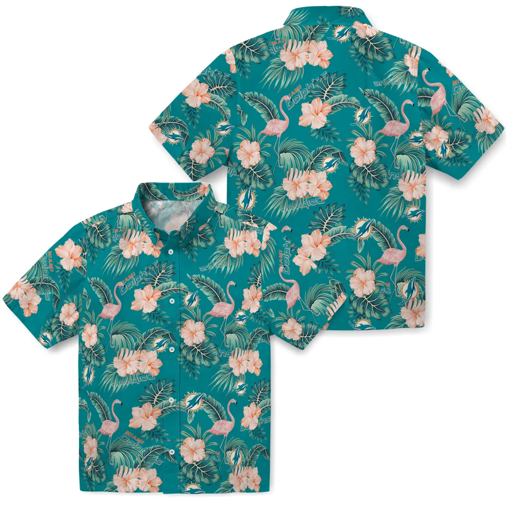 Miami Dolphins Hawaiian Shirt - Flamingo and Hibiscus miami dolphins flamingo palms aqua hawaiian shirts high quality