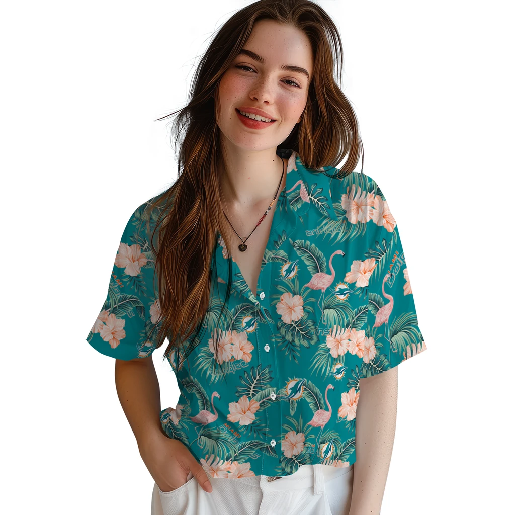 Miami Dolphins Hawaiian Shirt - Flamingo and Hibiscus miami dolphins flamingo palms aqua hawaiian shirts latest model