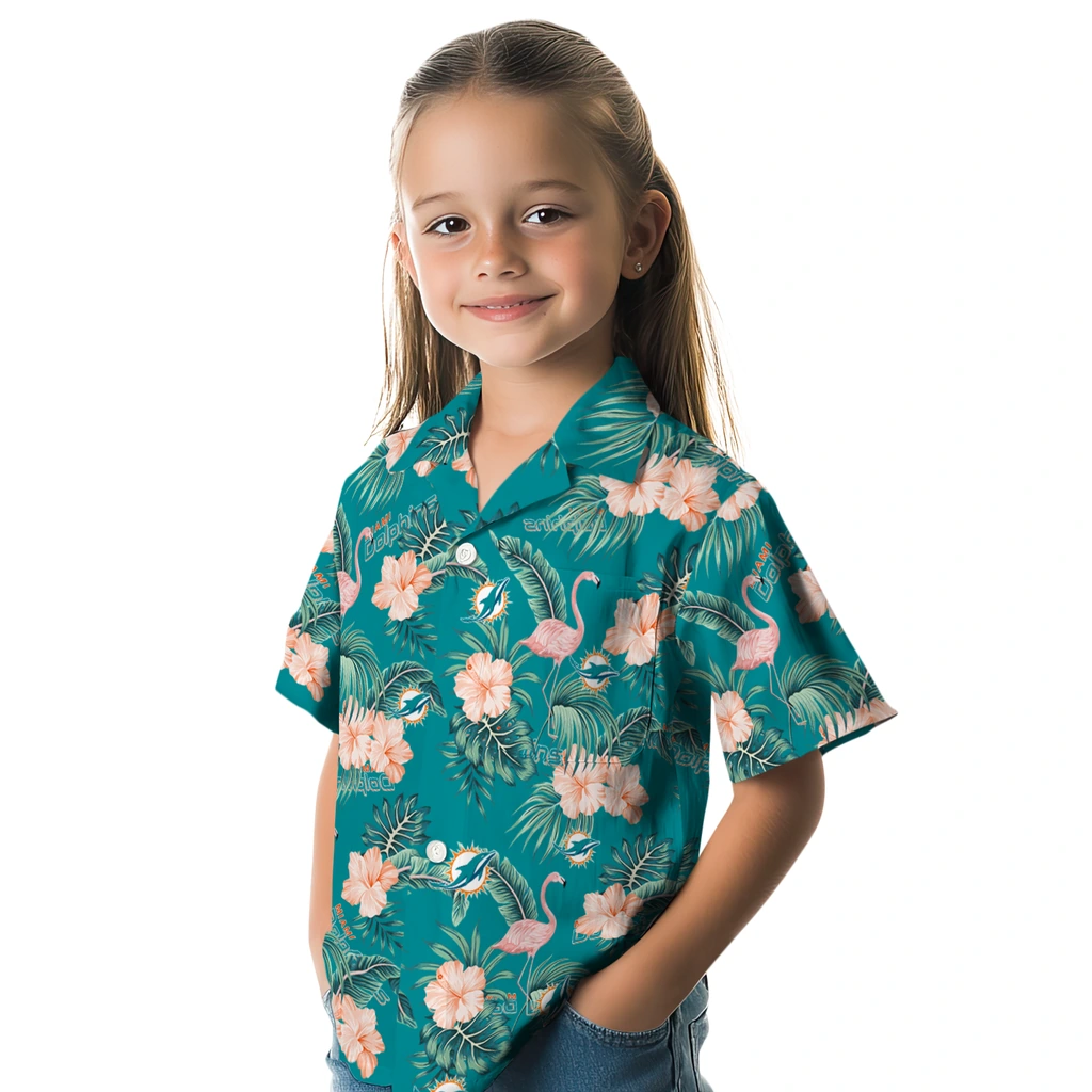 Miami Dolphins Hawaiian Shirt - Flamingo and Hibiscus miami dolphins flamingo palms aqua hawaiian shirts premium grade
