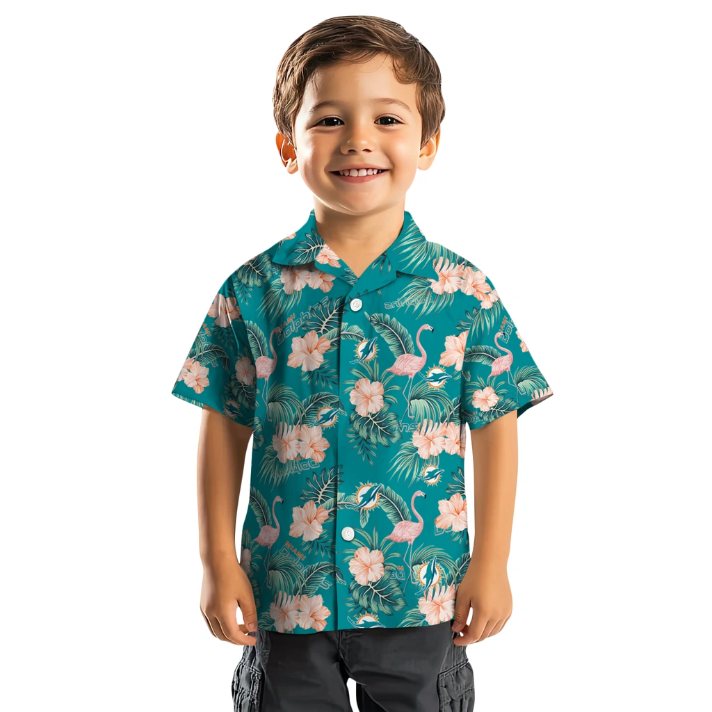 Miami Dolphins Hawaiian Shirt - Flamingo and Hibiscus miami dolphins flamingo palms aqua hawaiian shirts top rated