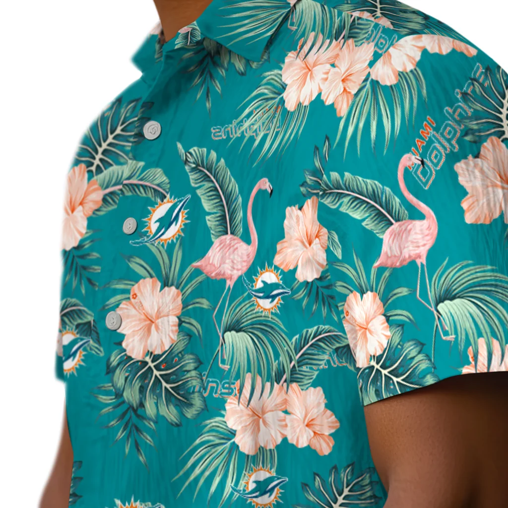 Miami Dolphins Hawaiian Shirt - Flamingo and Hibiscus miami dolphins flamingo palms aqua hawaiian shirts trendy
