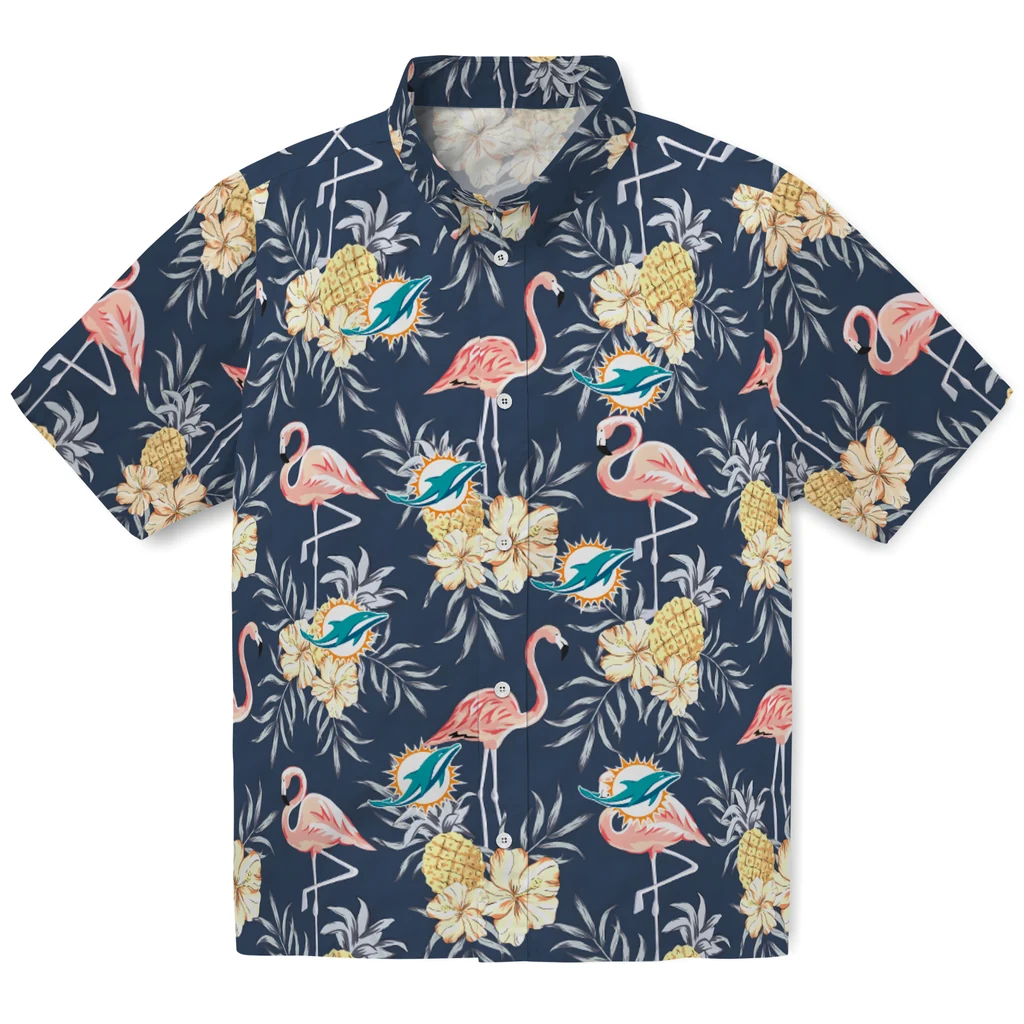 Miami Dolphins Hawaiian Shirt - Flamingo Hibiscus miami dolphins flamingo hibiscus navy hawaiian shirts best selling