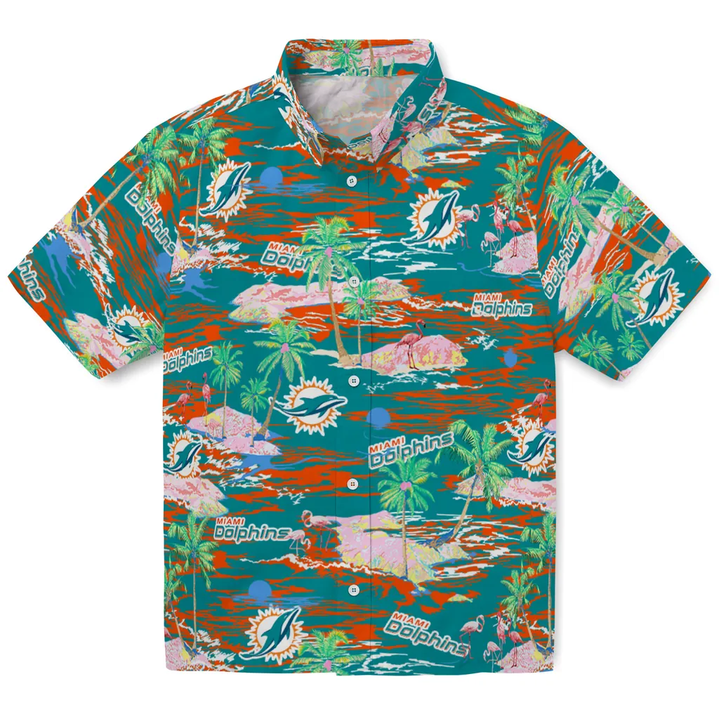 Miami Dolphins Hawaiian Shirt - Hawaii Island miami dolphins flamingo retreat aqua hawaiian shirts best selling