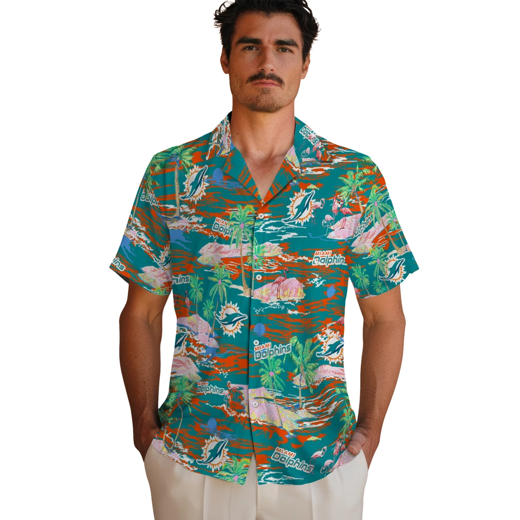 Miami Dolphins Hawaiian Shirt - Hawaii Island miami dolphins flamingo retreat aqua hawaiian shirts fashion forward