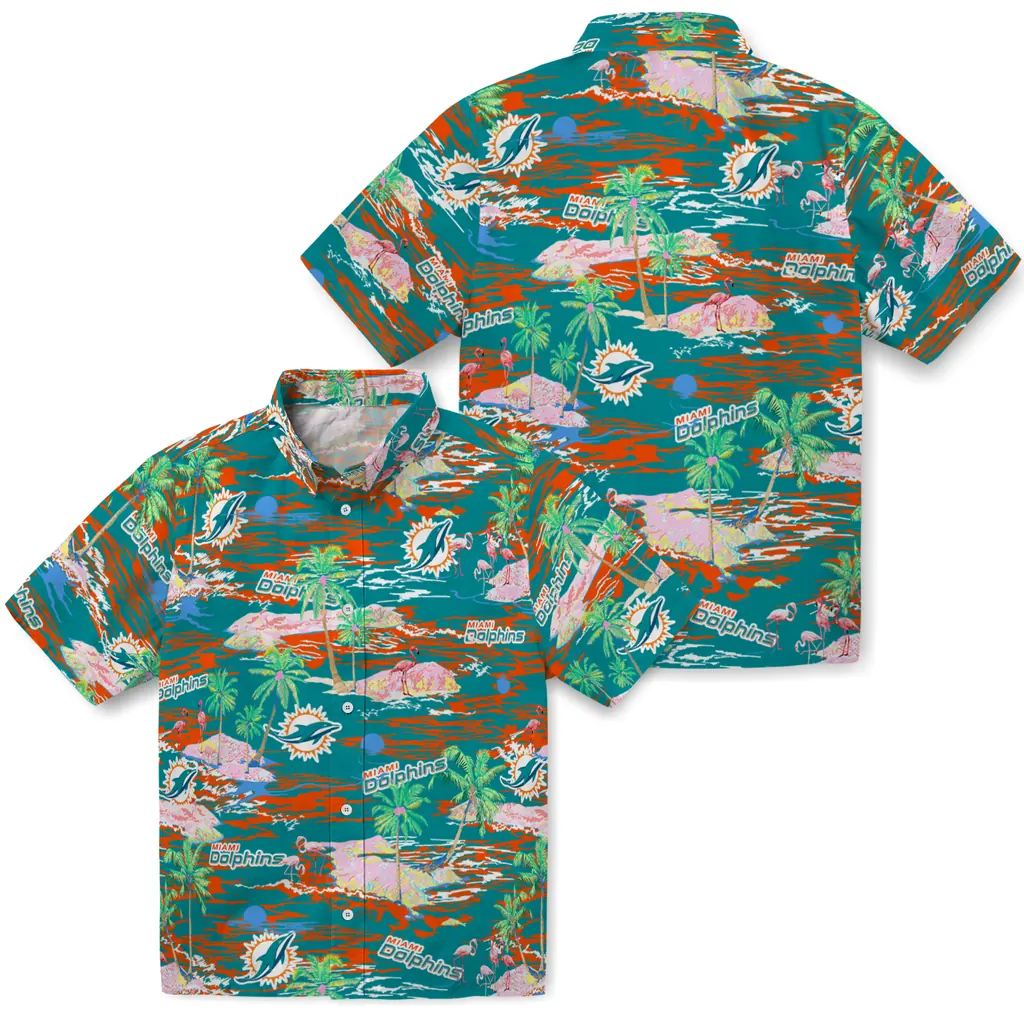 Miami Dolphins Hawaiian Shirt - Hawaii Island miami dolphins flamingo retreat aqua hawaiian shirts high quality