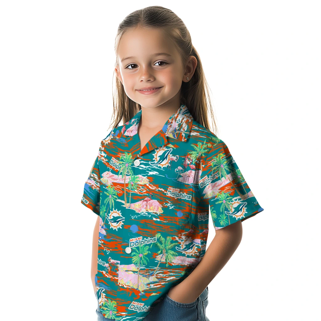 Miami Dolphins Hawaiian Shirt - Hawaii Island miami dolphins flamingo retreat aqua hawaiian shirts premium grade