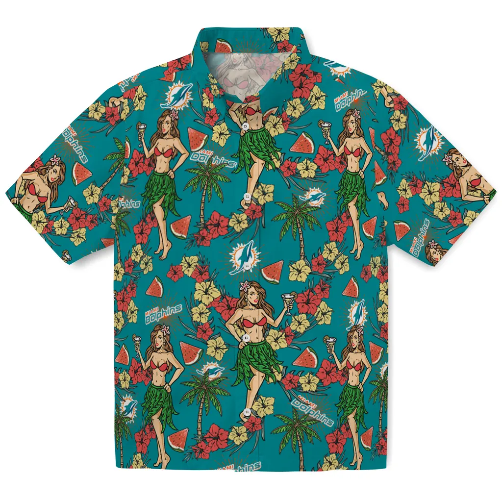 Miami Dolphins Hawaiian Shirt - Hawaiian Girls Design miami dolphins hawaiian girls design aqua hawaiian shirts best selling
