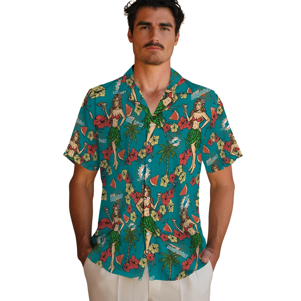 Miami Dolphins Hawaiian Shirt - Hawaiian Girls Design miami dolphins hawaiian girls design aqua hawaiian shirts fashion forward