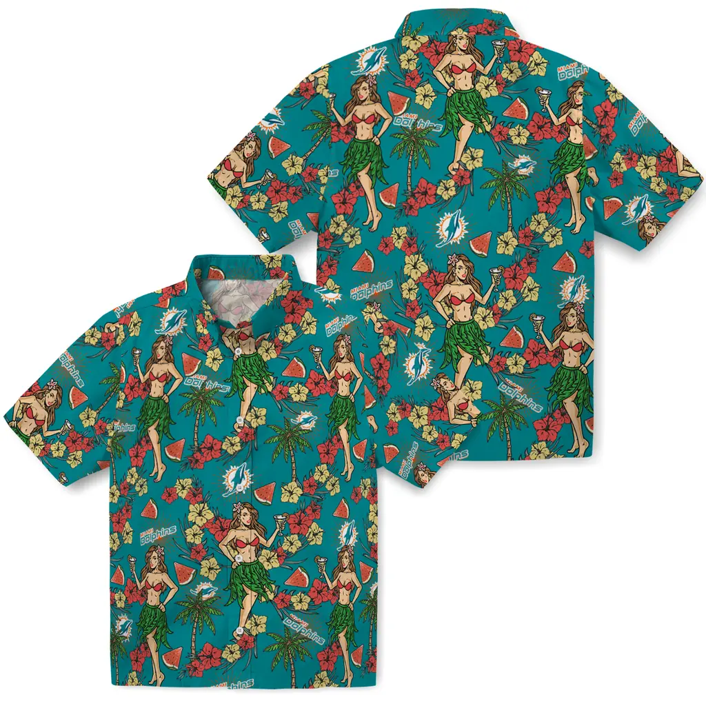 Miami Dolphins Hawaiian Shirt - Hawaiian Girls Design miami dolphins hawaiian girls design aqua hawaiian shirts high quality