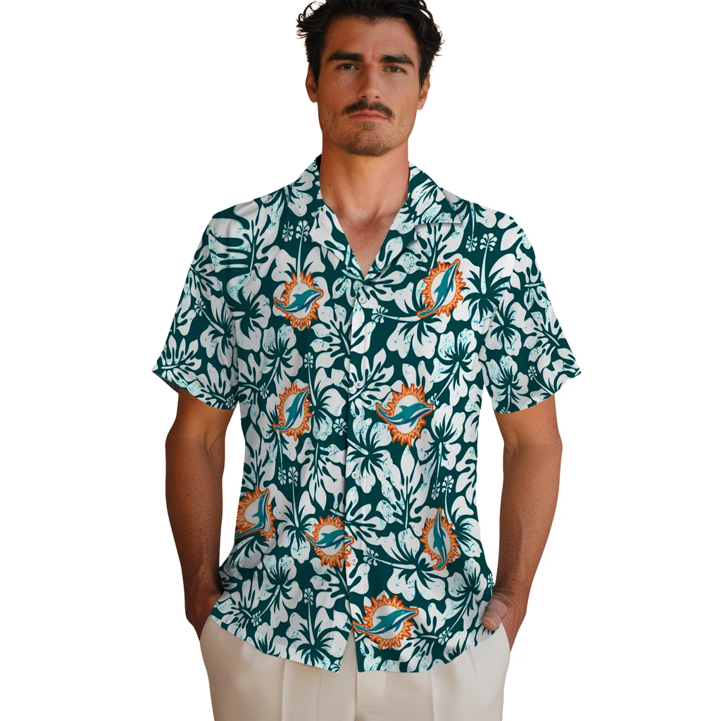 Miami Dolphins Hawaiian Shirt - Hibiscus Motif miami dolphins hibiscus motif aqua white hawaiian shirts fashion forward