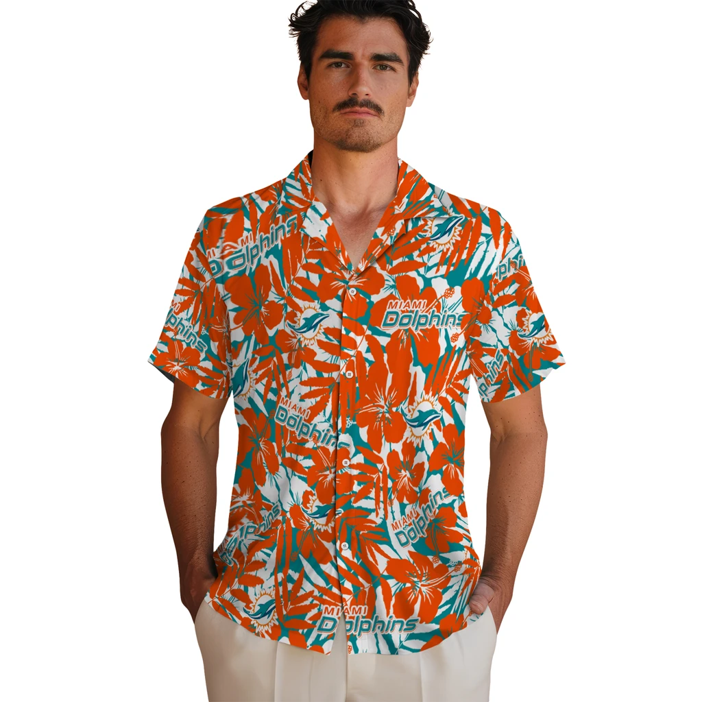 Miami Dolphins Hawaiian Shirt - Hibiscus Overlay miami dolphins hibiscus overlay hawaiian shirts fashion forward