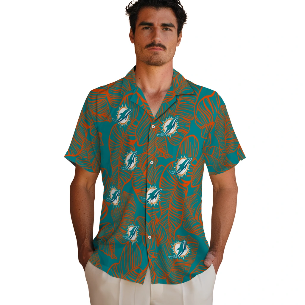 Miami Dolphins Hawaiian Shirt - Leaf Outline miami dolphins leaf outline aqua hawaiian shirts fashion forward