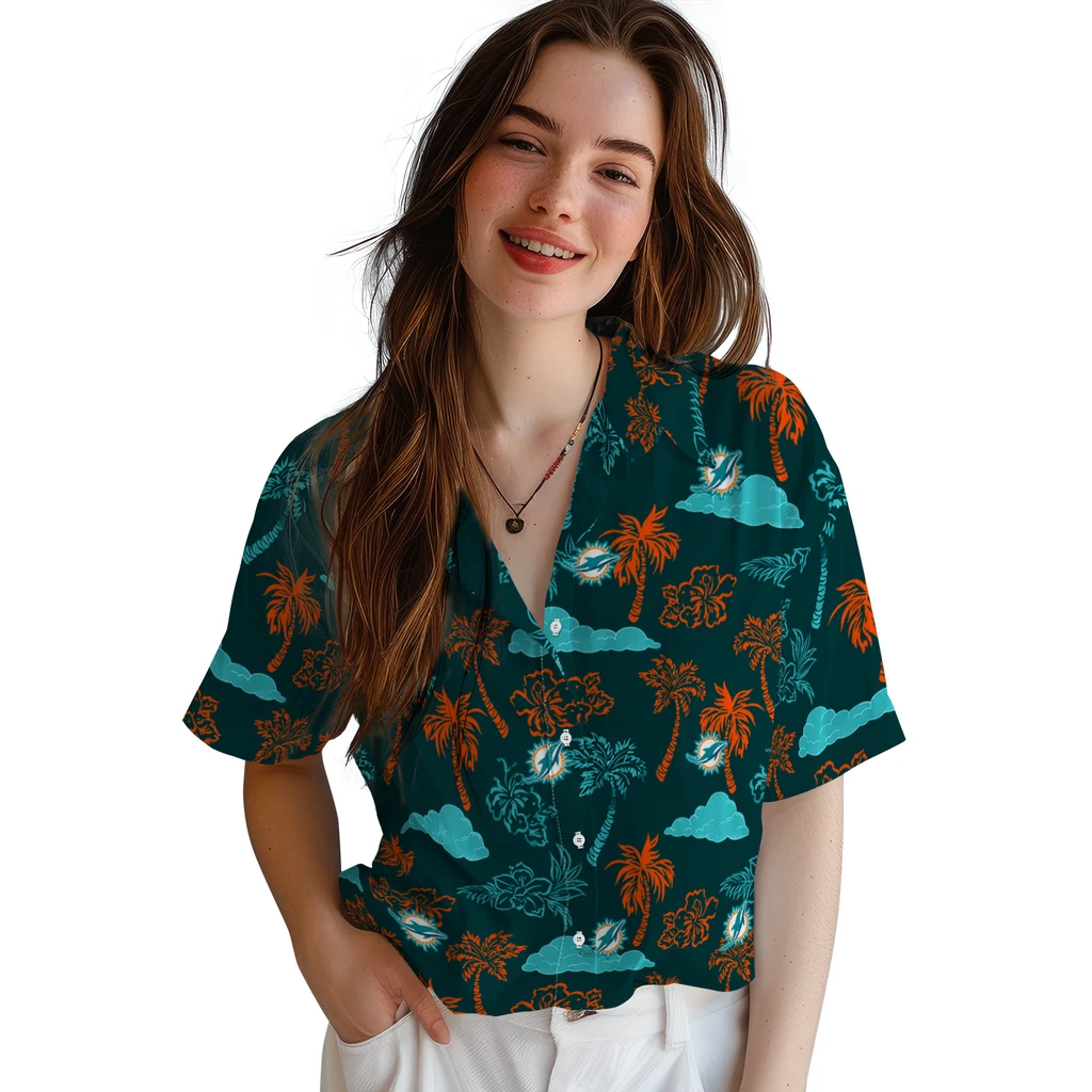 Miami Dolphins Hawaiian Shirt - Palm And Clouds miami dolphins palm and clouds aqua hawaiian shirts latest model