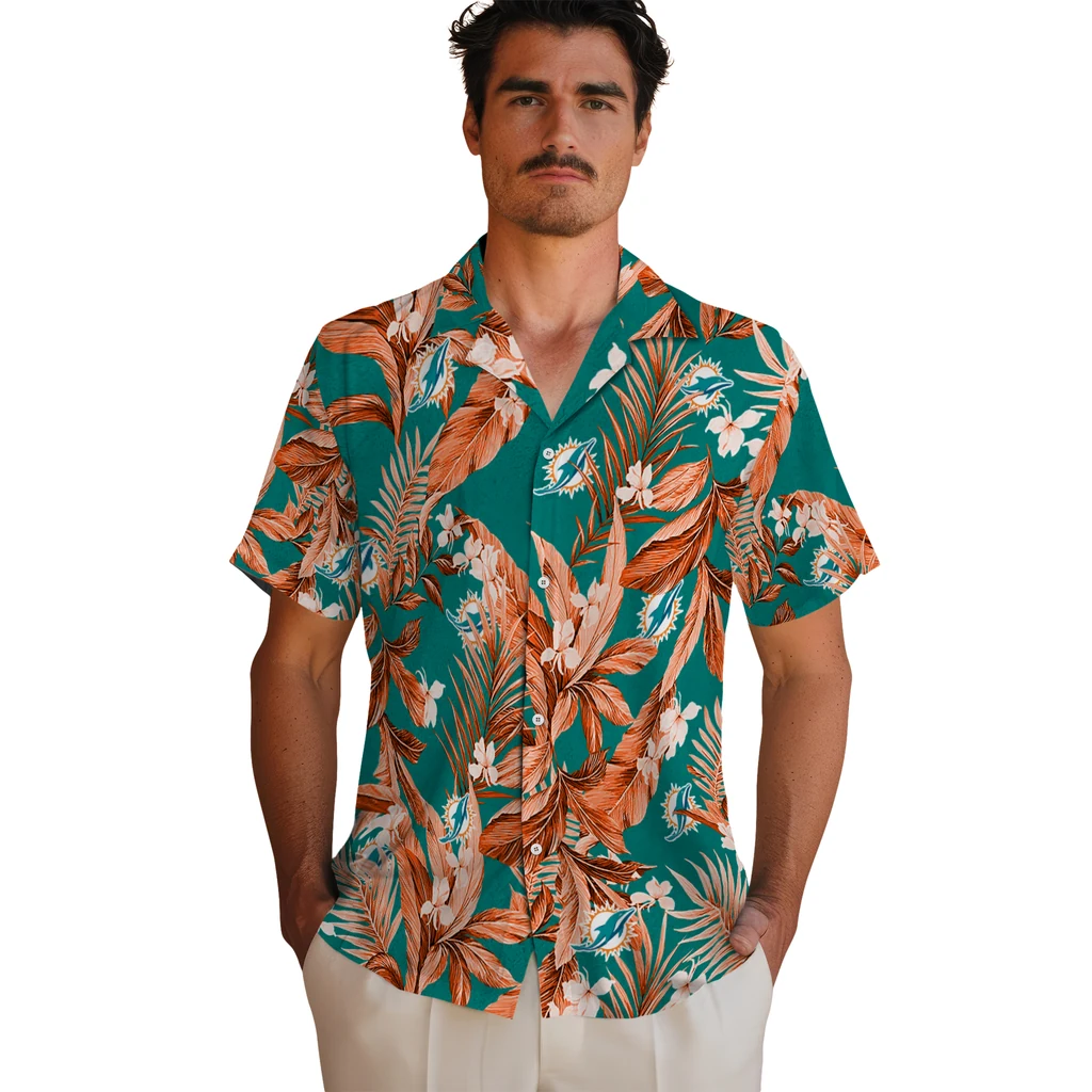 Miami Dolphins Hawaiian Shirt - Palm Leaves miami dolphins palm leaves aqua hawaiian shirts fashion forward