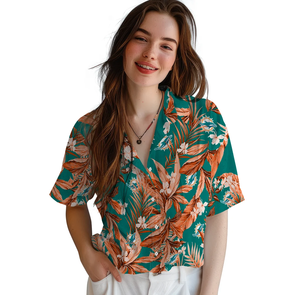 Miami Dolphins Hawaiian Shirt - Palm Leaves miami dolphins palm leaves aqua hawaiian shirts latest model