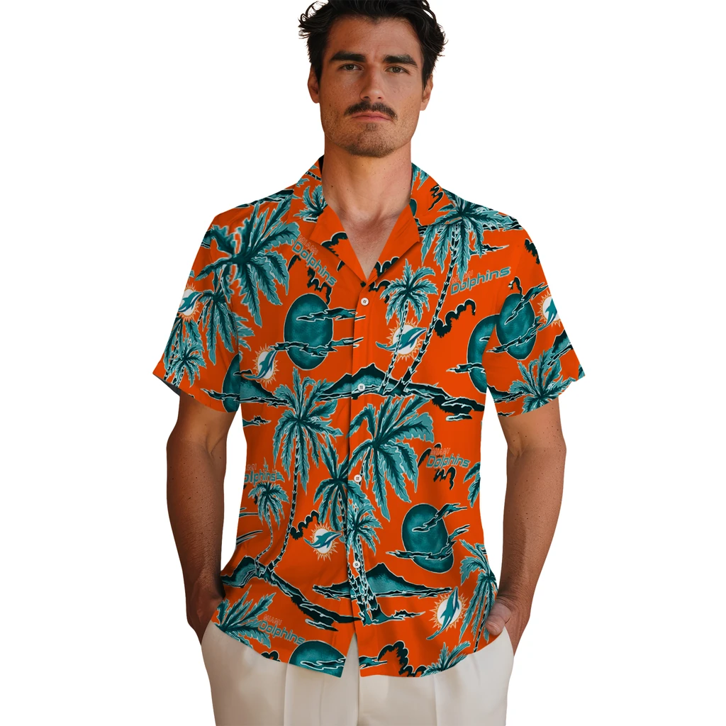 Miami Dolphins Hawaiian Shirt - Palm Sunset miami dolphins palm sunset hawaiian shirts fashion forward