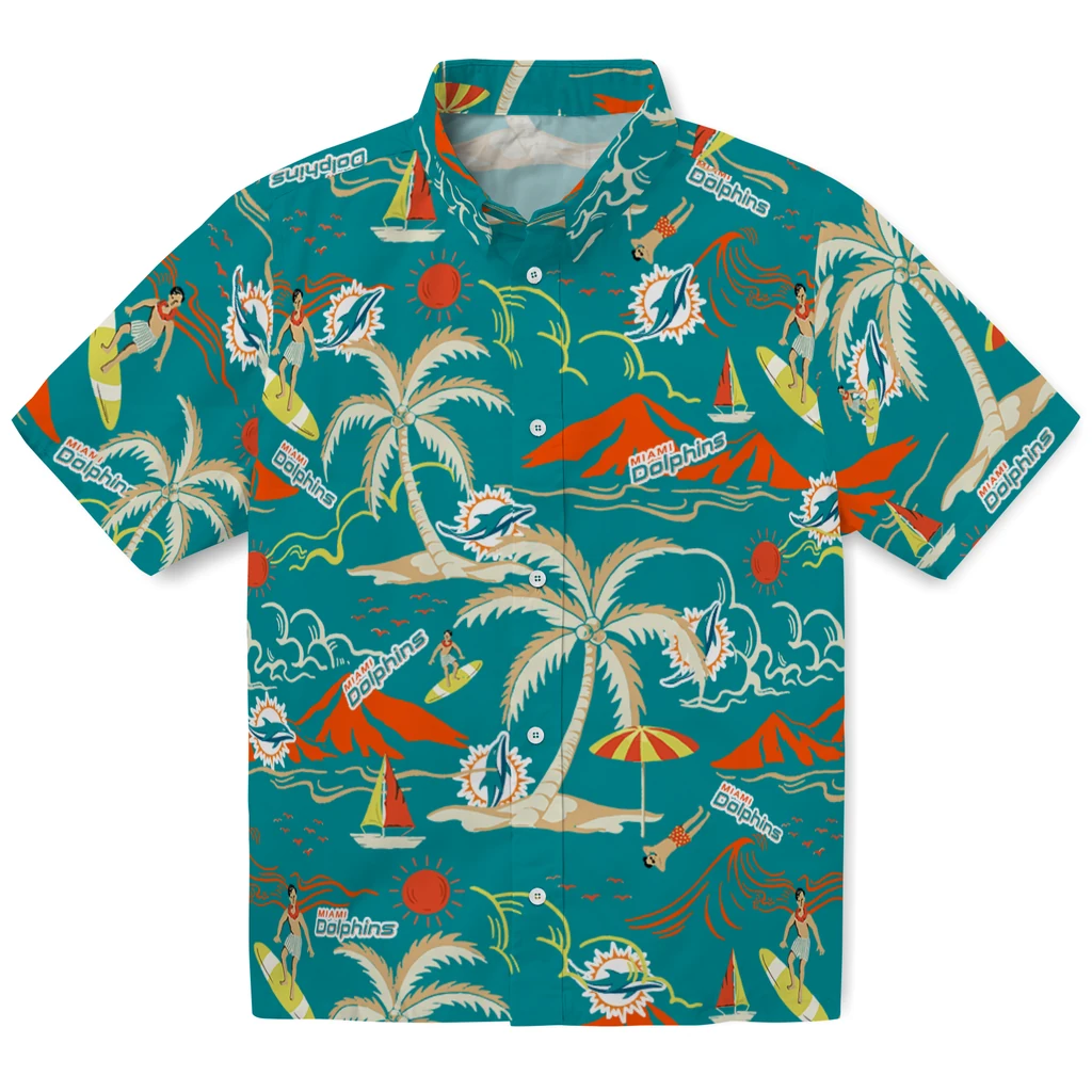 Miami Dolphins Hawaiian Shirt - Palm Tree Island miami dolphins palm tree island aqua hawaiian shirts best selling