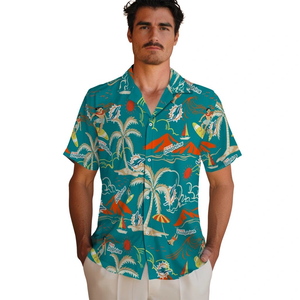 Miami Dolphins Hawaiian Shirt - Palm Tree Island miami dolphins palm tree island aqua hawaiian shirts fashion forward