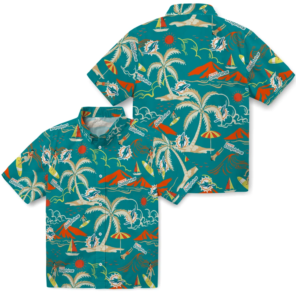 Miami Dolphins Hawaiian Shirt - Palm Tree Island miami dolphins palm tree island aqua hawaiian shirts high quality