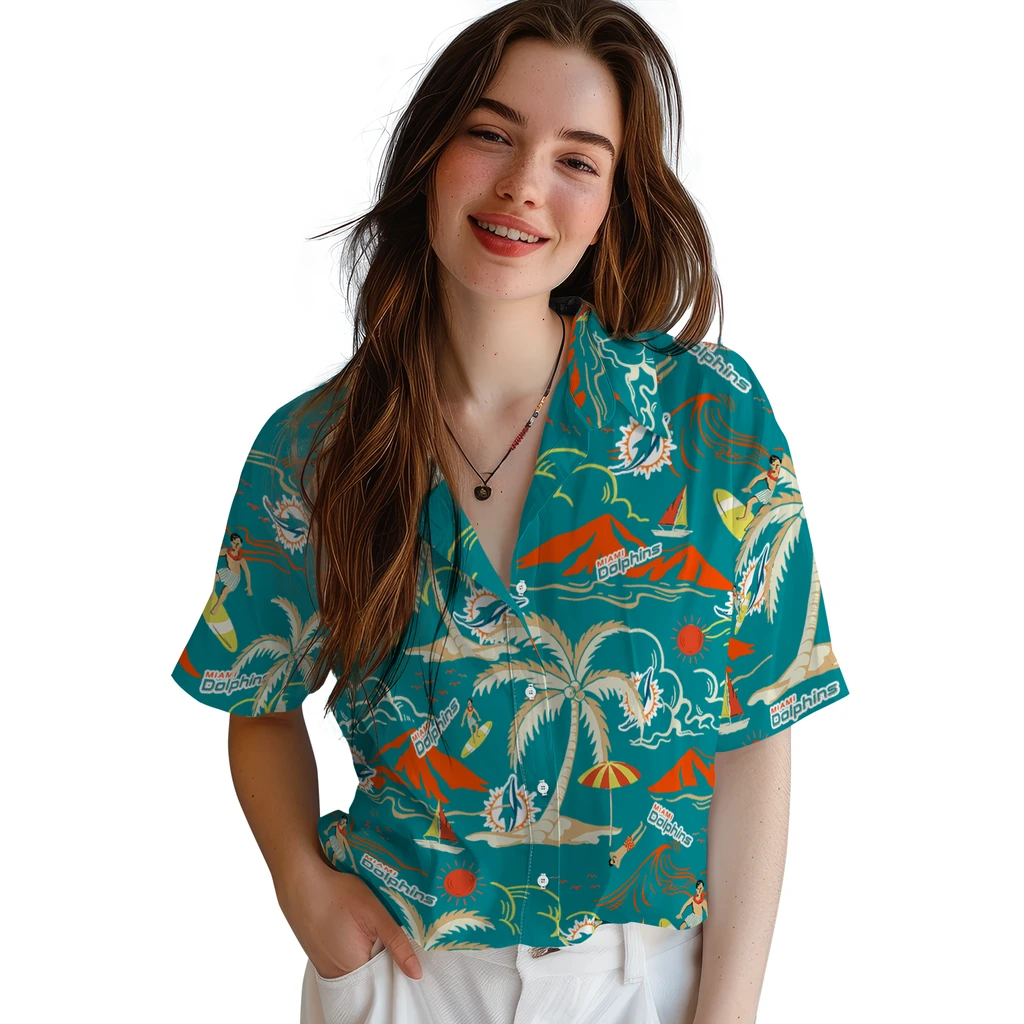 Miami Dolphins Hawaiian Shirt - Palm Tree Island miami dolphins palm tree island aqua hawaiian shirts latest model