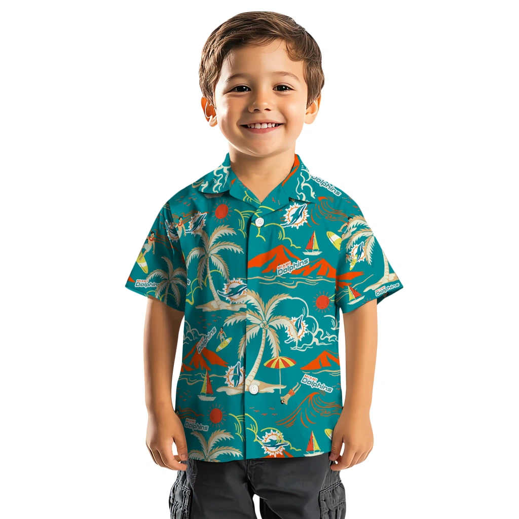 Miami Dolphins Hawaiian Shirt - Palm Tree Island miami dolphins palm tree island aqua hawaiian shirts top rated